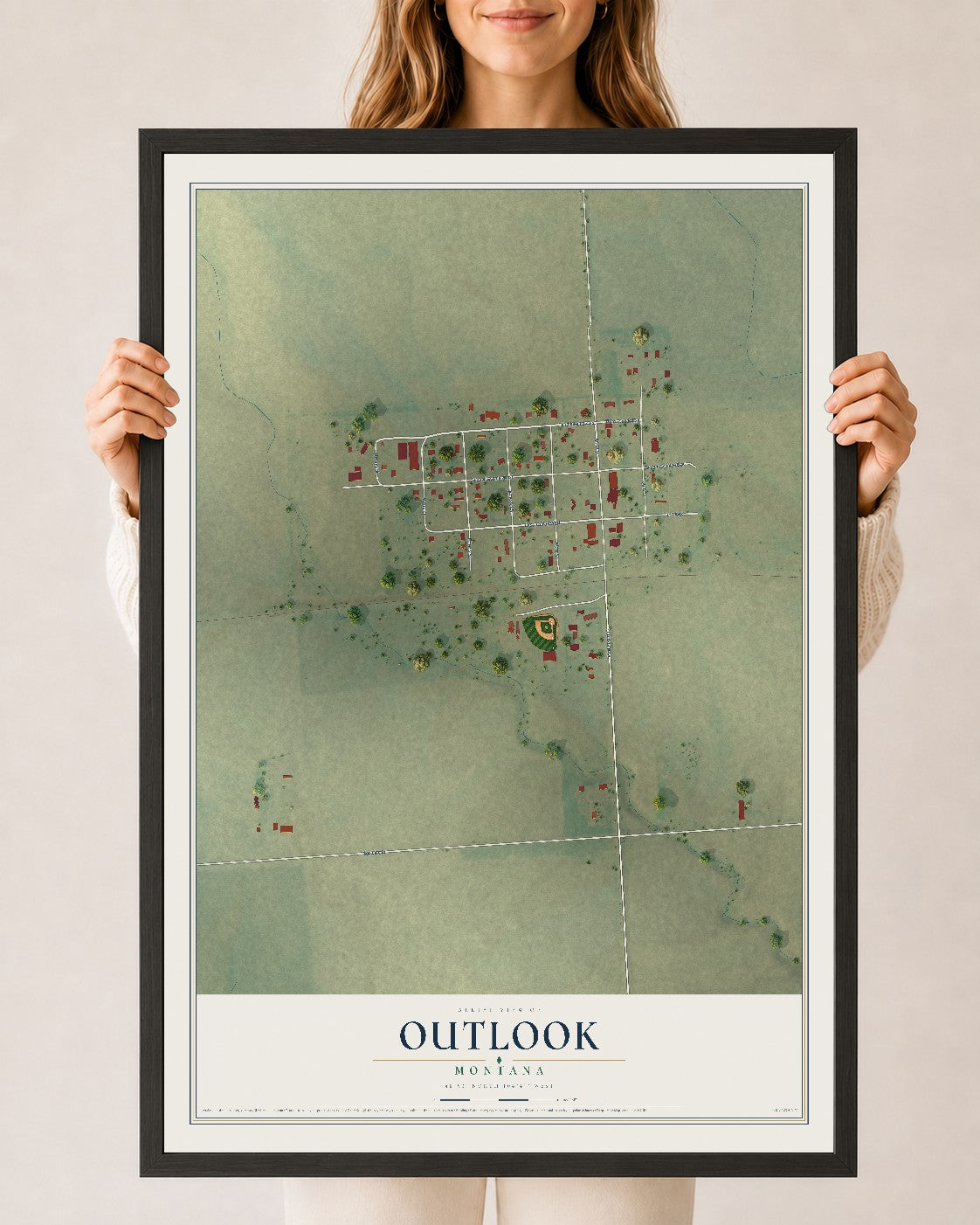 Map of Outlook, Montana, 24 x 36 inch print in a black wood frame