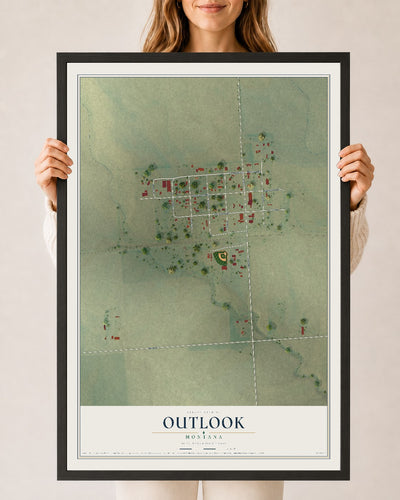 Map of Outlook, Montana, 24 x 36 inch print in a black wood frame