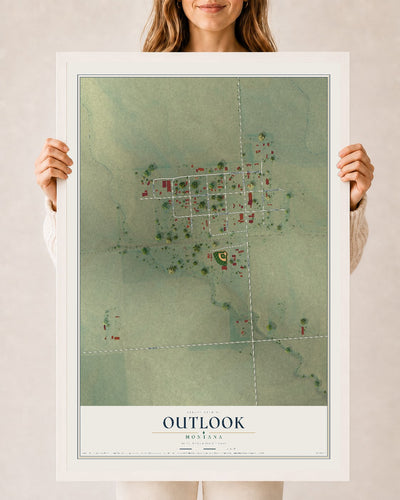 Map of Outlook, Montana, 24 x 36 inch print in a white wood frame