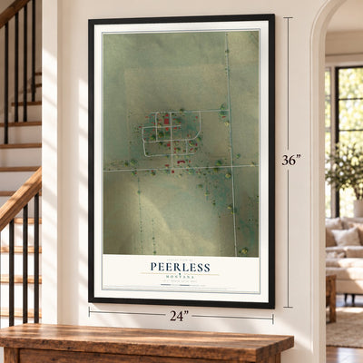 Peerless, Montana map, 24 x 36 inch print in a black frame by a staircase