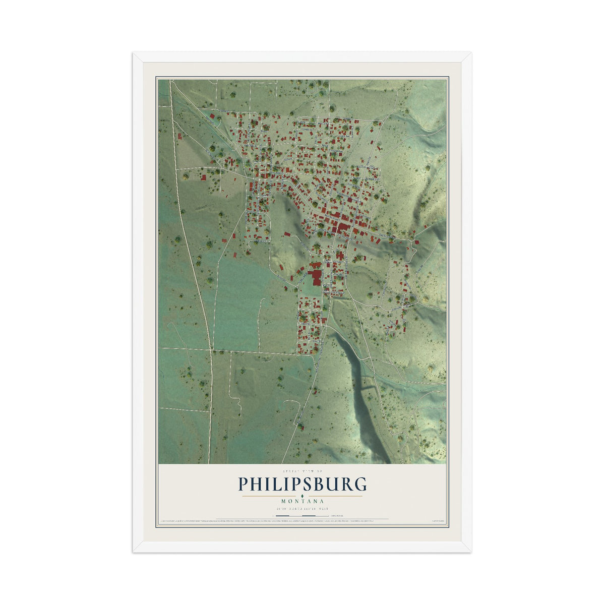 Map of Philipsburg, Montana, 12 x 18 inch print in a white wood frame