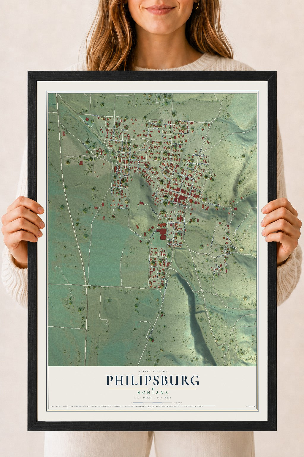 Map of Philipsburg, Montana, 18 x 24 inch print in a black wood frame