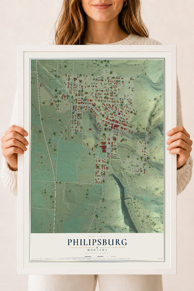 Map of Philipsburg, Montana, 18 x 24 inch print in a white wood frame