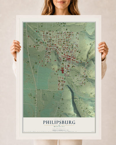 Map of Philipsburg, Montana, 24 x 36 inch print in a white wood frame
