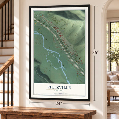 Piltzville, Montana map, 24 x 36 inch print in a black frame by a staircase