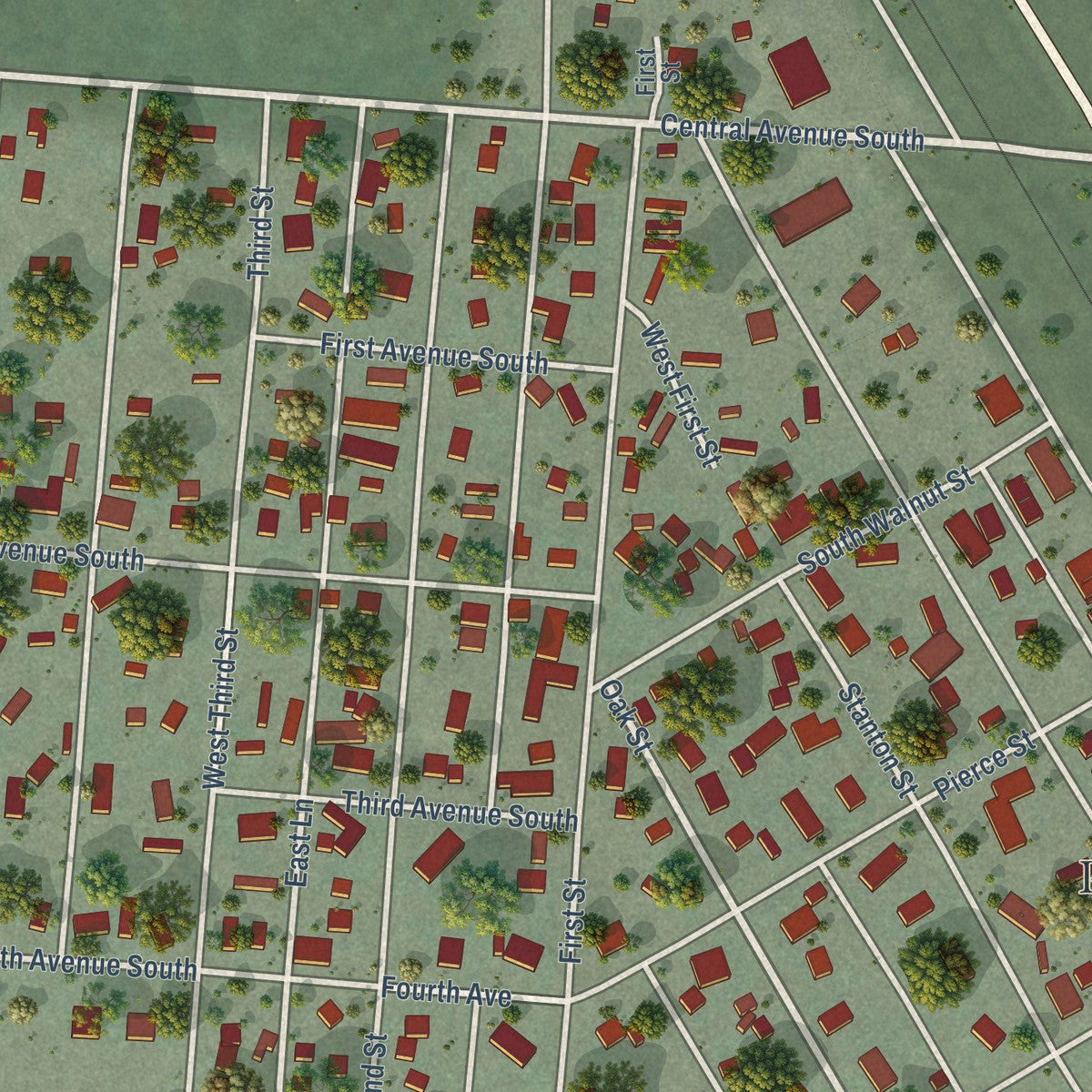 Close-up of the map of Plains, Montana print showing street and building detail