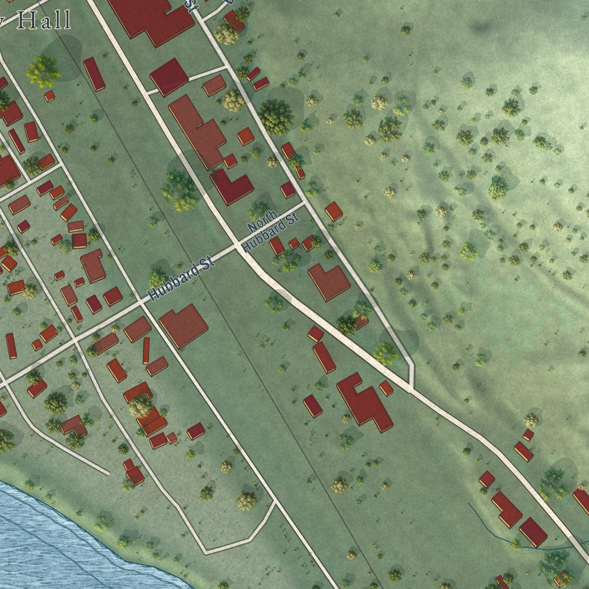 Second close-up of the map of Plains, Montana print showing more streets and buildings