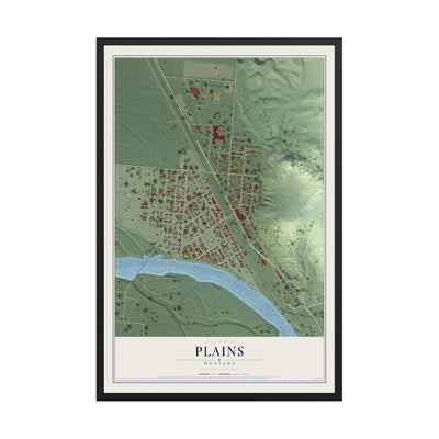 Map of Plains, Montana, 12 x 18 inch print in a black wood frame