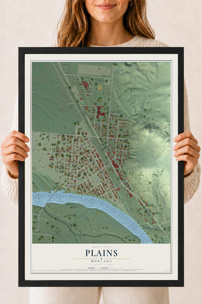 Map of Plains, Montana, 18 x 24 inch print in a black wood frame