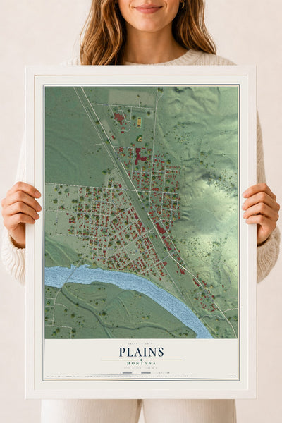 Map of Plains, Montana, 18 x 24 inch print in a white wood frame