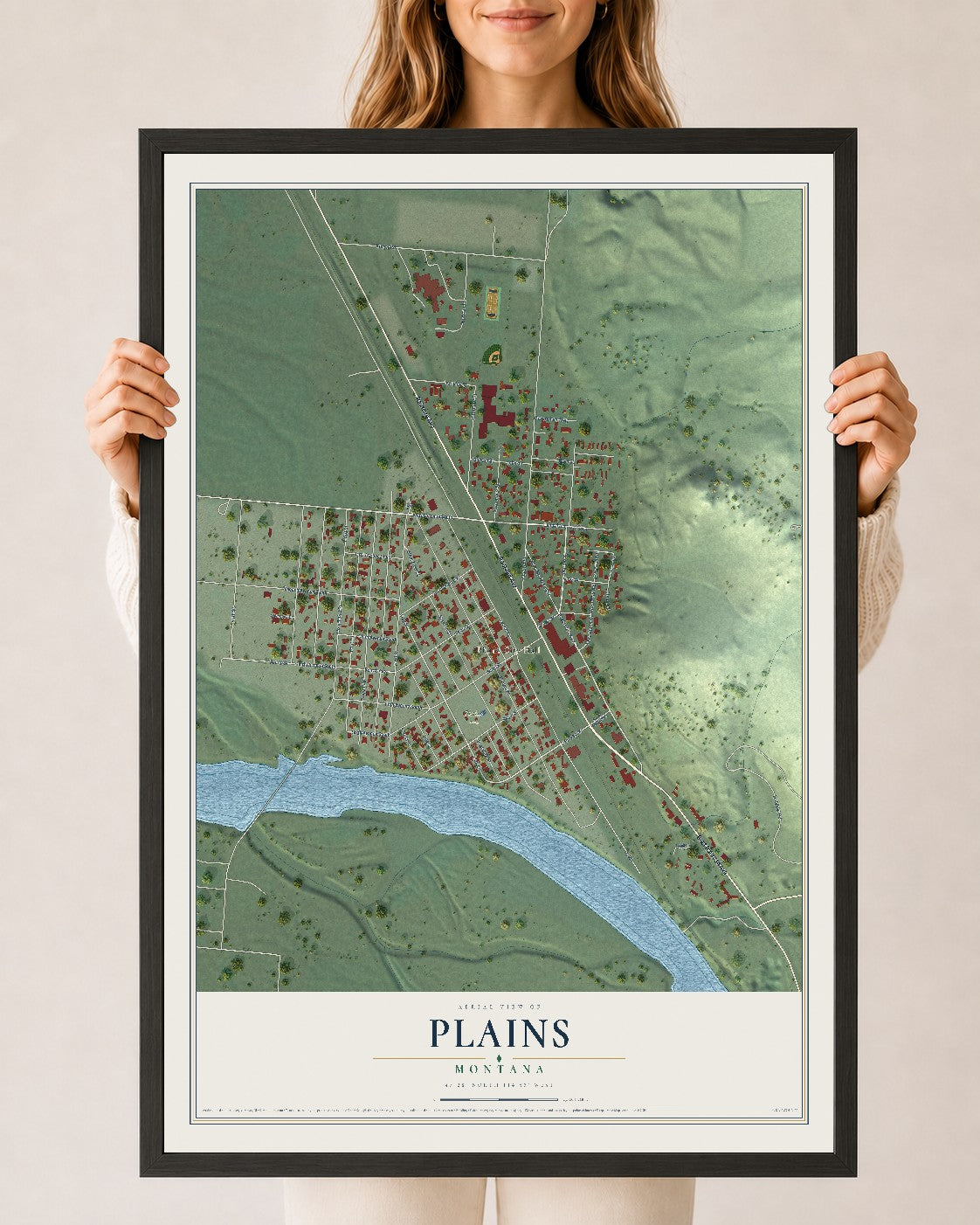 Map of Plains, Montana, 24 x 36 inch print in a black wood frame