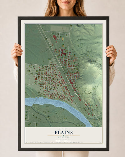 Map of Plains, Montana, 24 x 36 inch print in a black wood frame