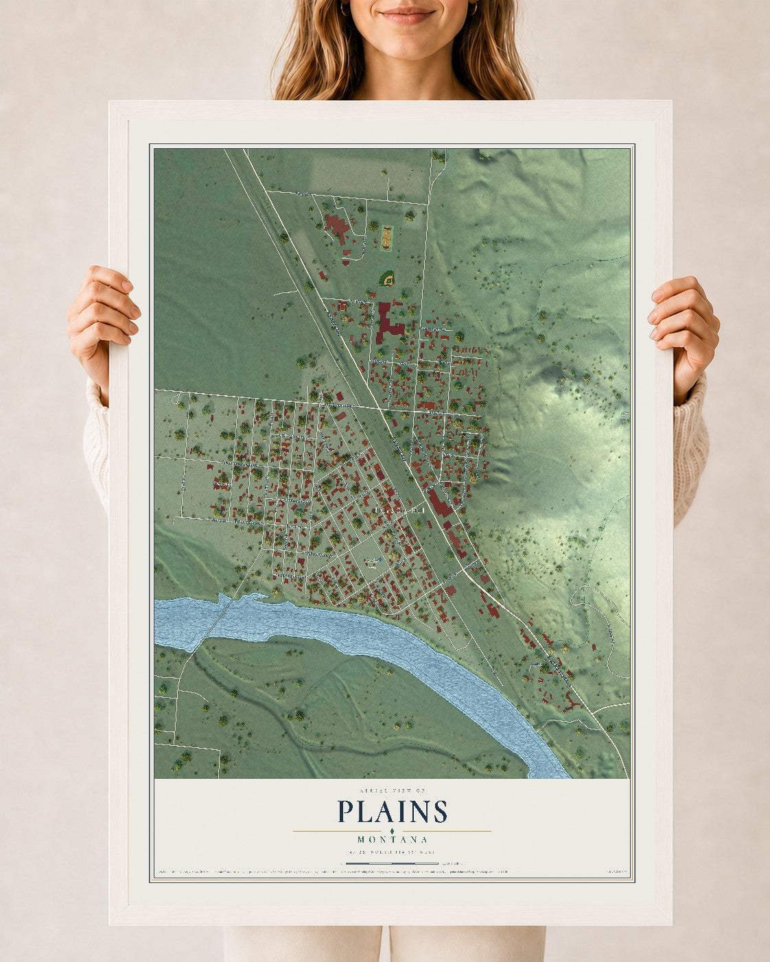 Map of Plains, Montana, 24 x 36 inch print in a white wood frame