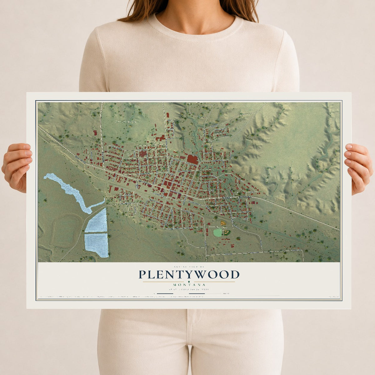 Map of Plentywood, Montana, 12 x 18 inch unframed archival matte print