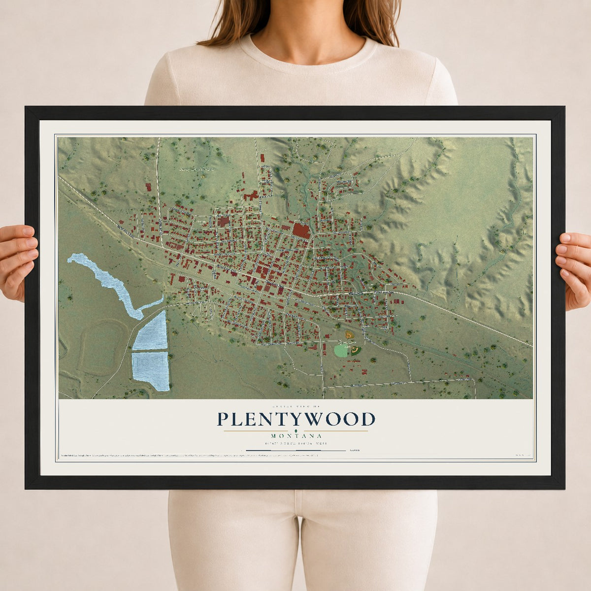 Map of Plentywood, Montana, 18 x 24 inch print in a black wood frame