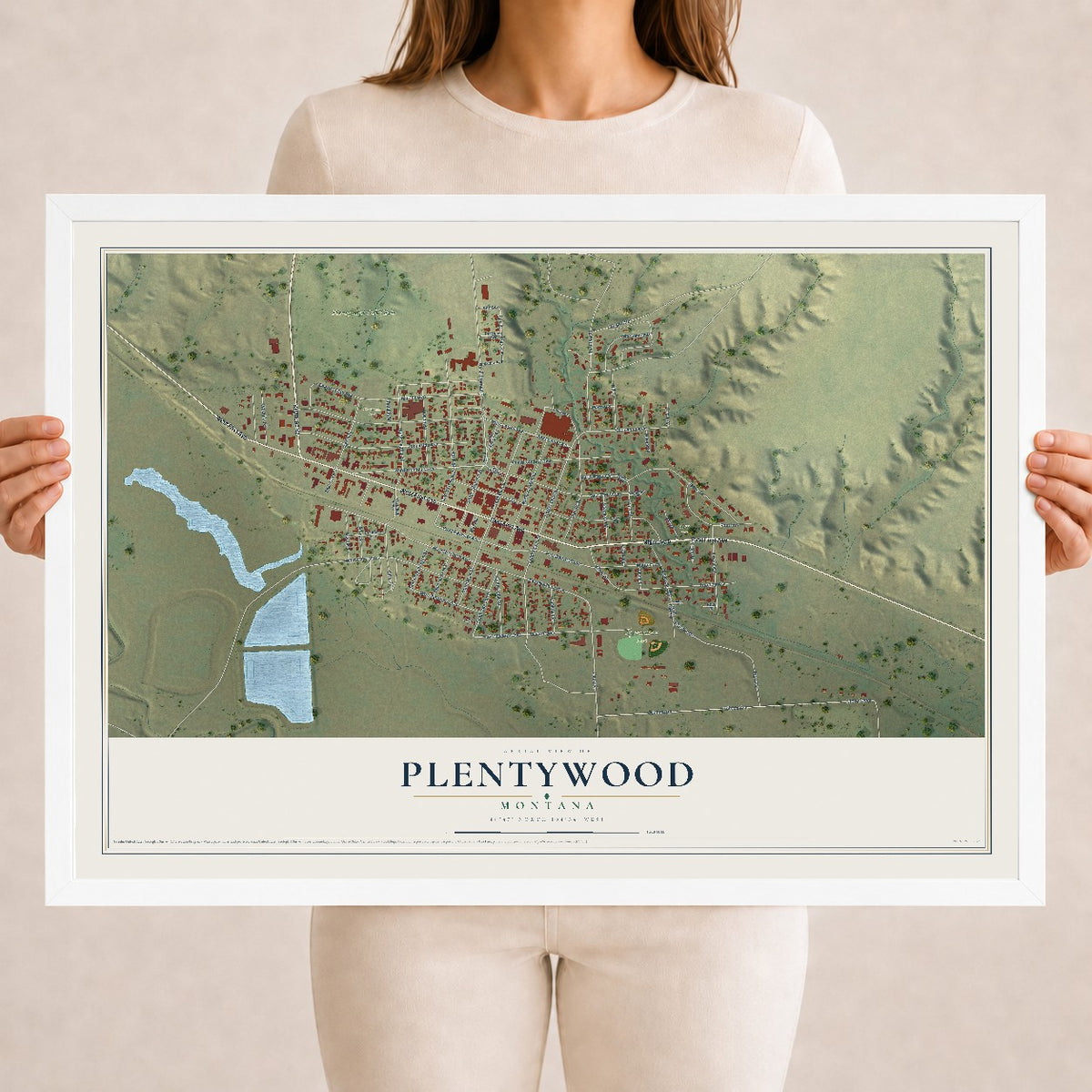 Map of Plentywood, Montana, 18 x 24 inch print in a white wood frame