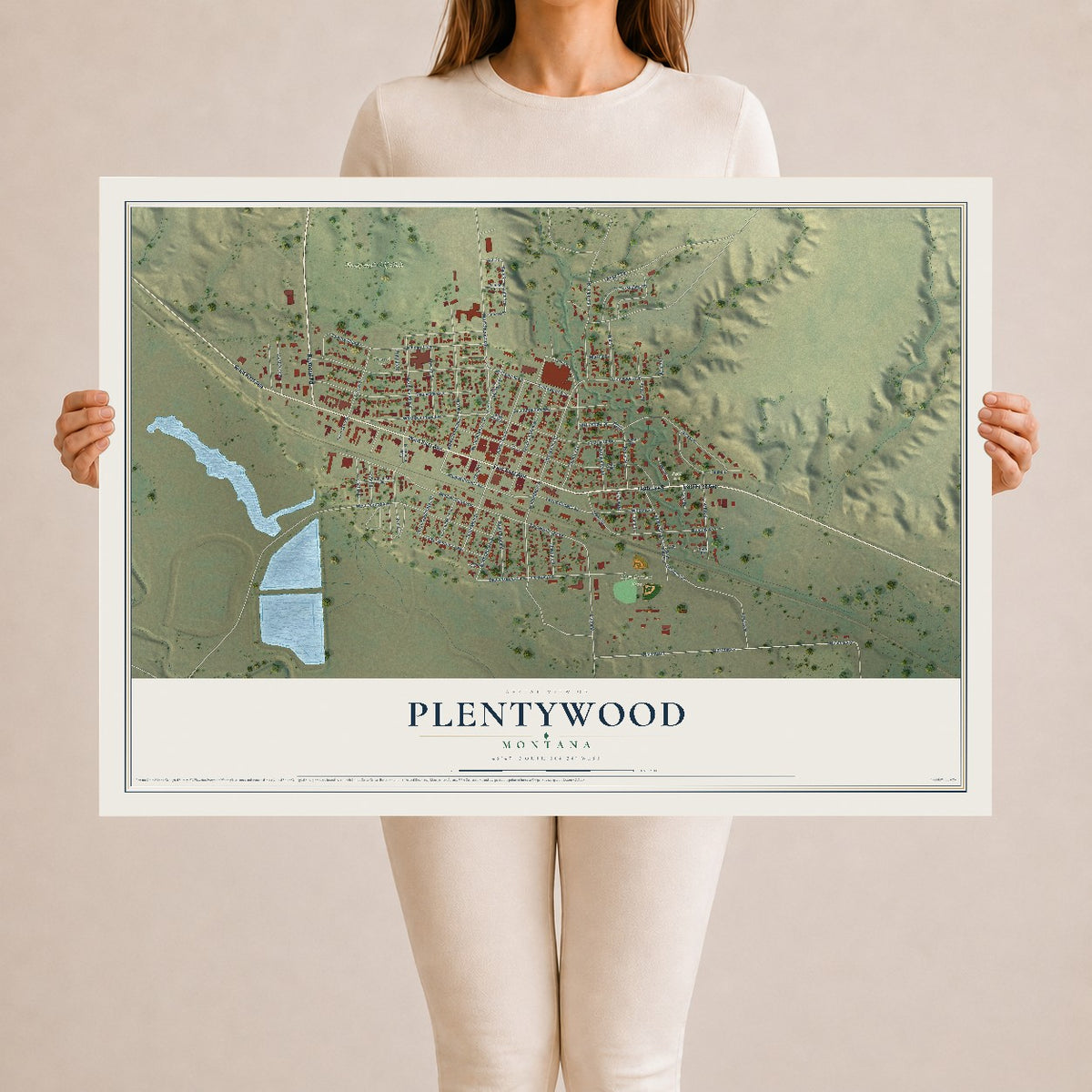 Map of Plentywood, Montana, 24 x 36 inch unframed archival matte print