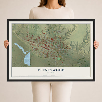Map of Plentywood, Montana, 24 x 36 inch print in a black wood frame