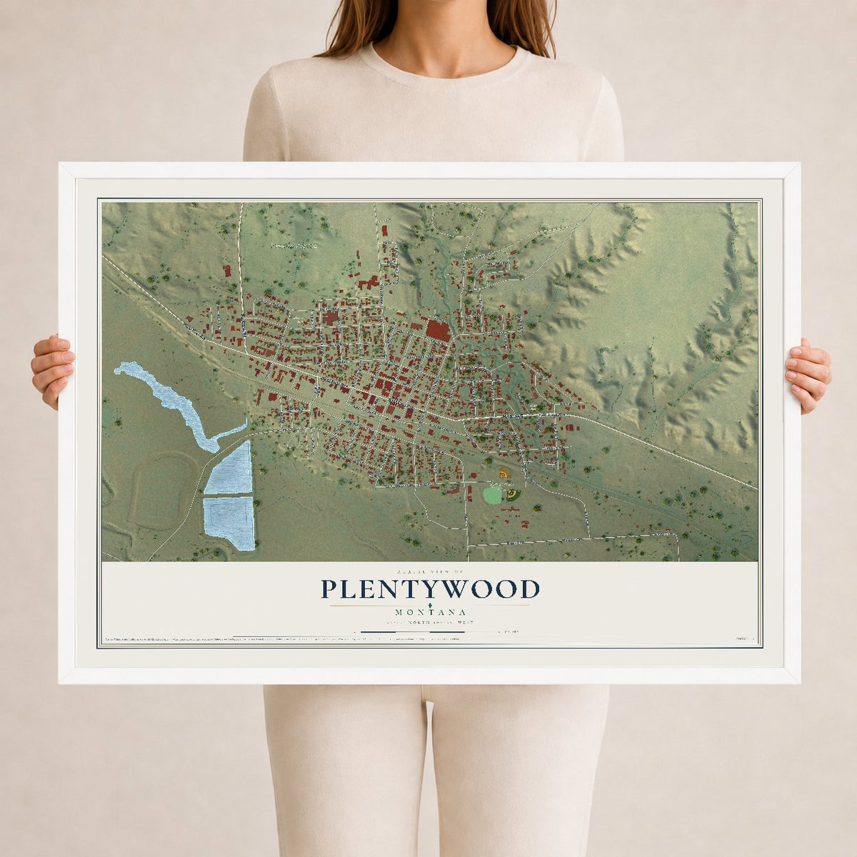 Map of Plentywood, Montana, 24 x 36 inch print in a white wood frame