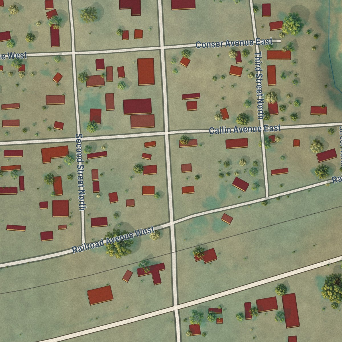 Close-up of the map of Plevna, Montana print showing street and building detail