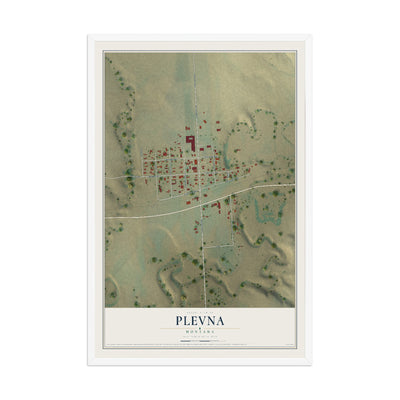 Map of Plevna, Montana, 12 x 18 inch print in a white wood frame