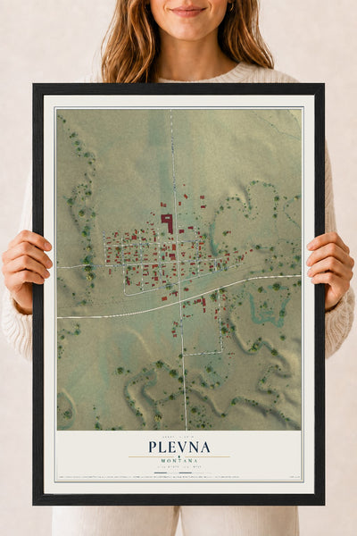 Map of Plevna, Montana, 18 x 24 inch print in a black wood frame