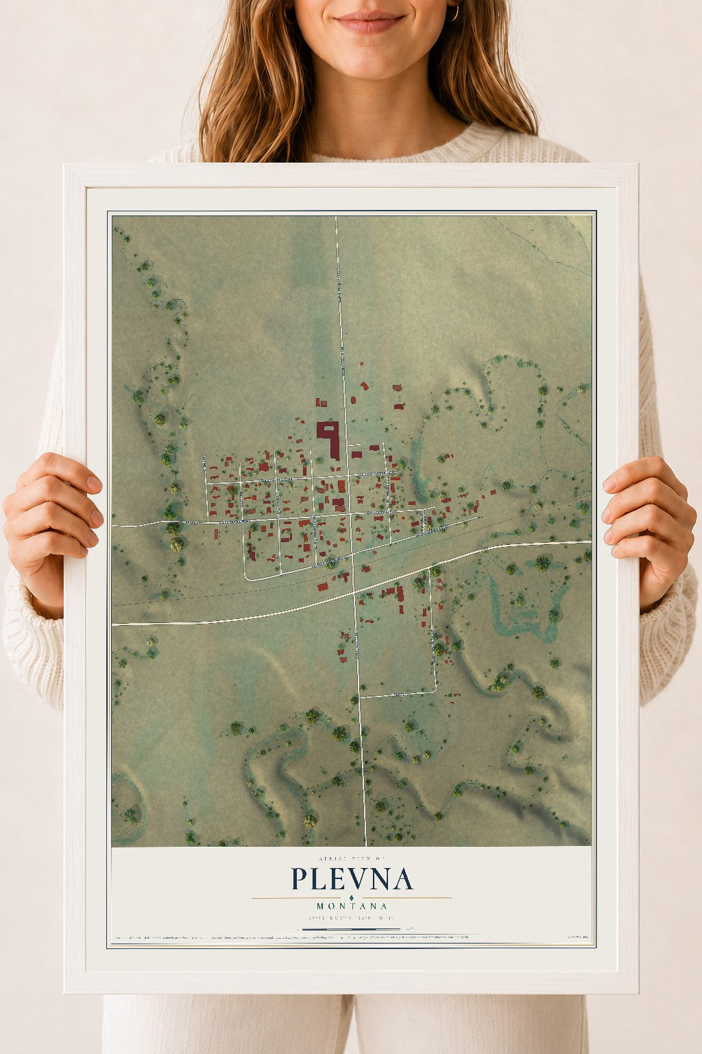 Map of Plevna, Montana, 18 x 24 inch print in a white wood frame