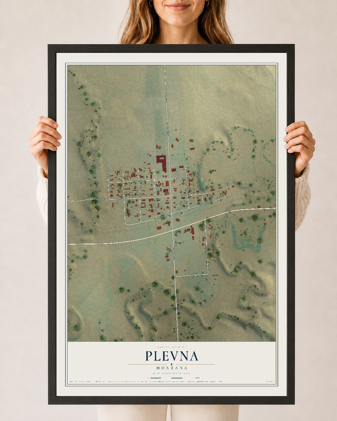 Map of Plevna, Montana, 24 x 36 inch print in a black wood frame