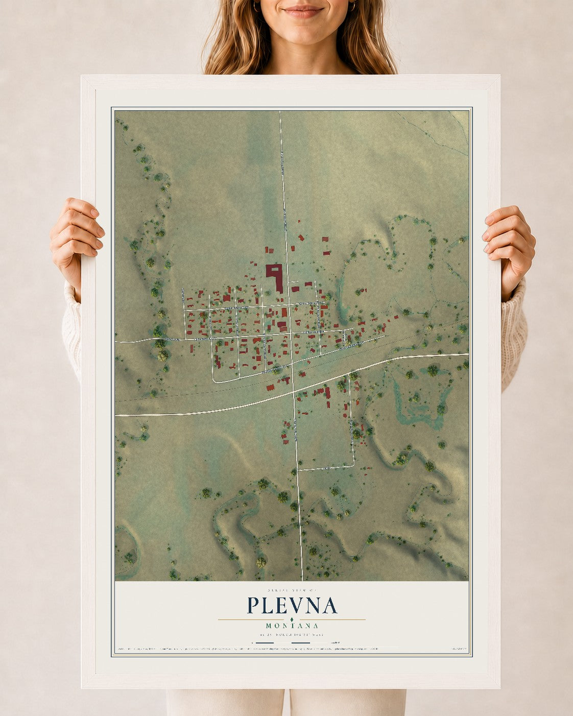 Map of Plevna, Montana, 24 x 36 inch print in a white wood frame