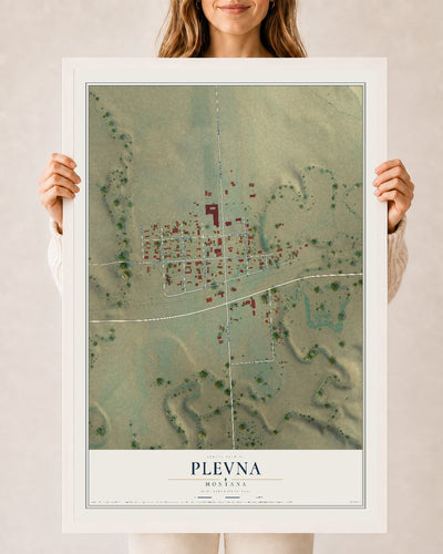 Map of Plevna, Montana, 24 x 36 inch print in a white wood frame