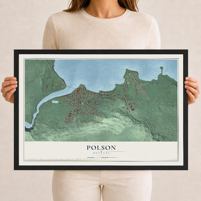 Map of Polson, Montana, 12 x 18 inch print in a black wood frame
