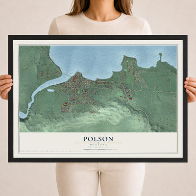 Map of Polson, Montana, 18 x 24 inch print in a black wood frame