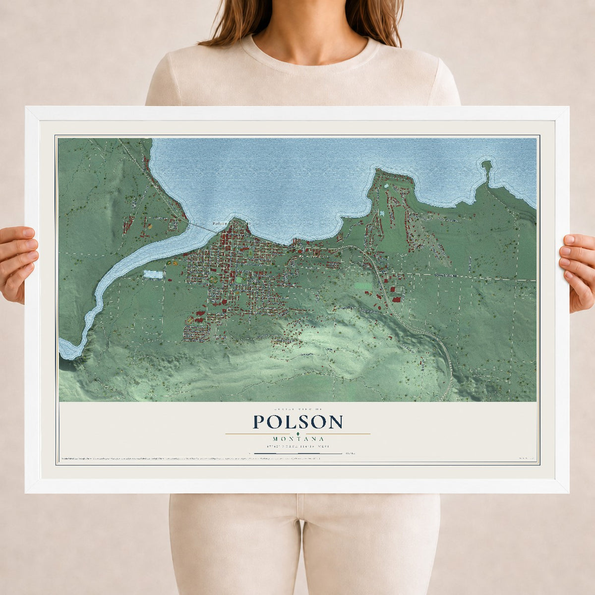 Map of Polson, Montana, 18 x 24 inch print in a white wood frame