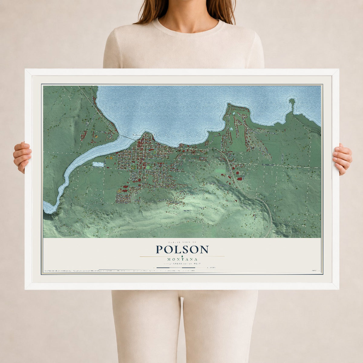 Map of Polson, Montana, 24 x 36 inch print in a white wood frame