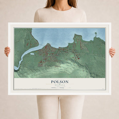 Map of Polson, Montana, 24 x 36 inch print in a white wood frame