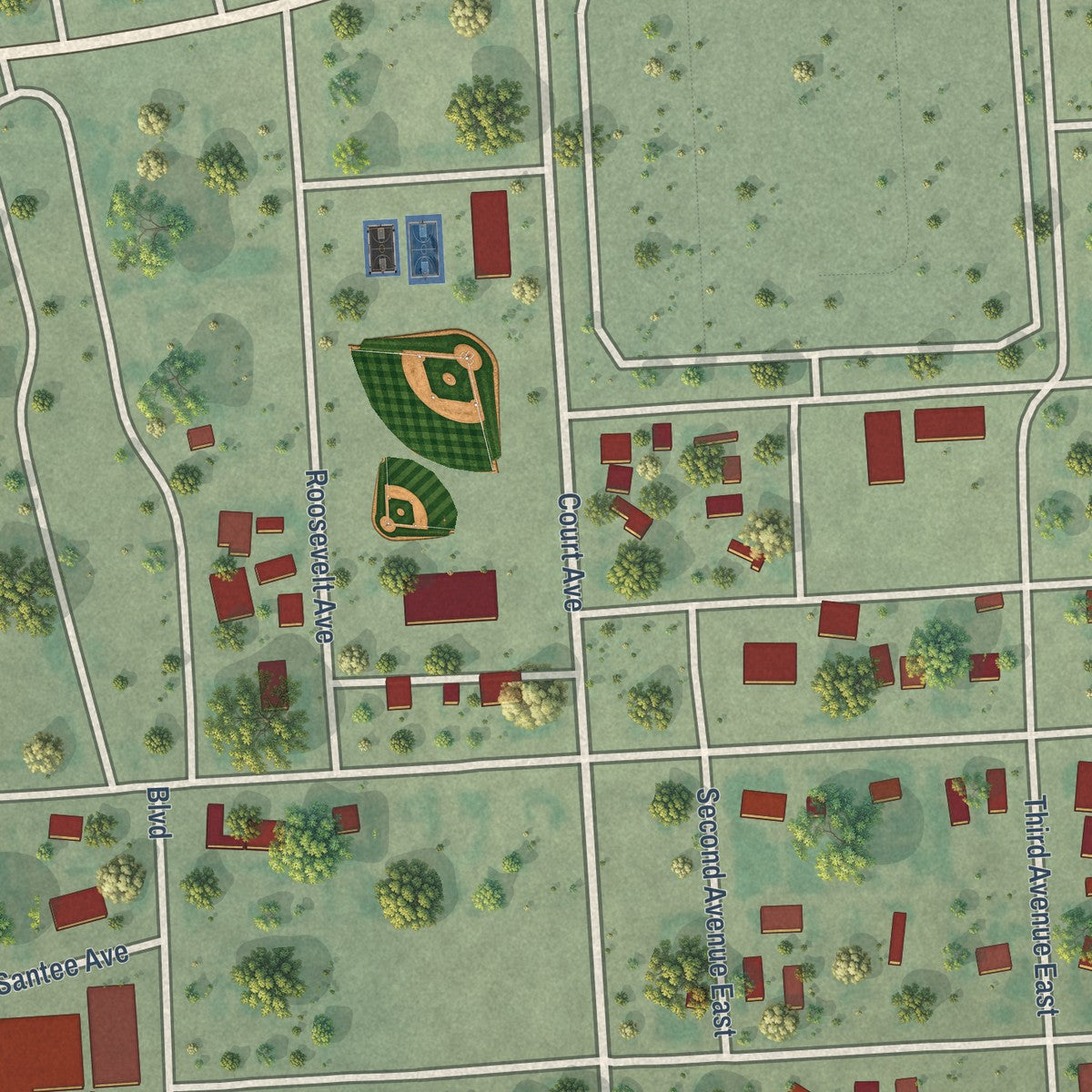 Second close-up of the map of Poplar, Montana print showing more streets and buildings