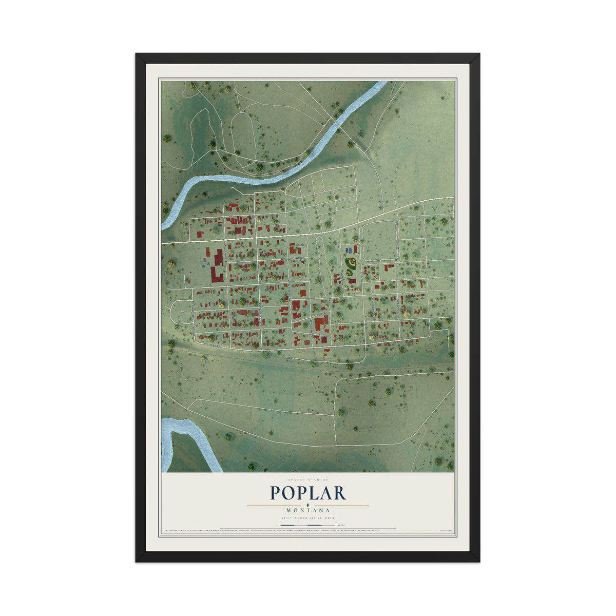 Map of Poplar, Montana, 12 x 18 inch print in a black wood frame