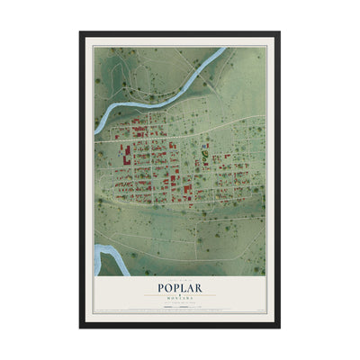 Map of Poplar, Montana, 12 x 18 inch print in a black wood frame