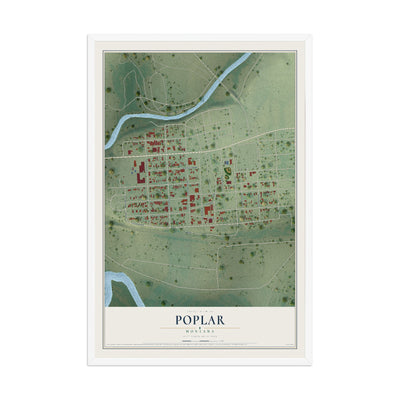 Map of Poplar, Montana, 12 x 18 inch print in a white wood frame