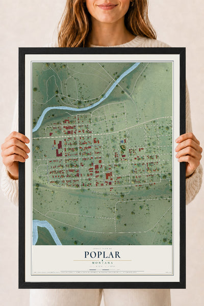 Map of Poplar, Montana, 18 x 24 inch print in a black wood frame