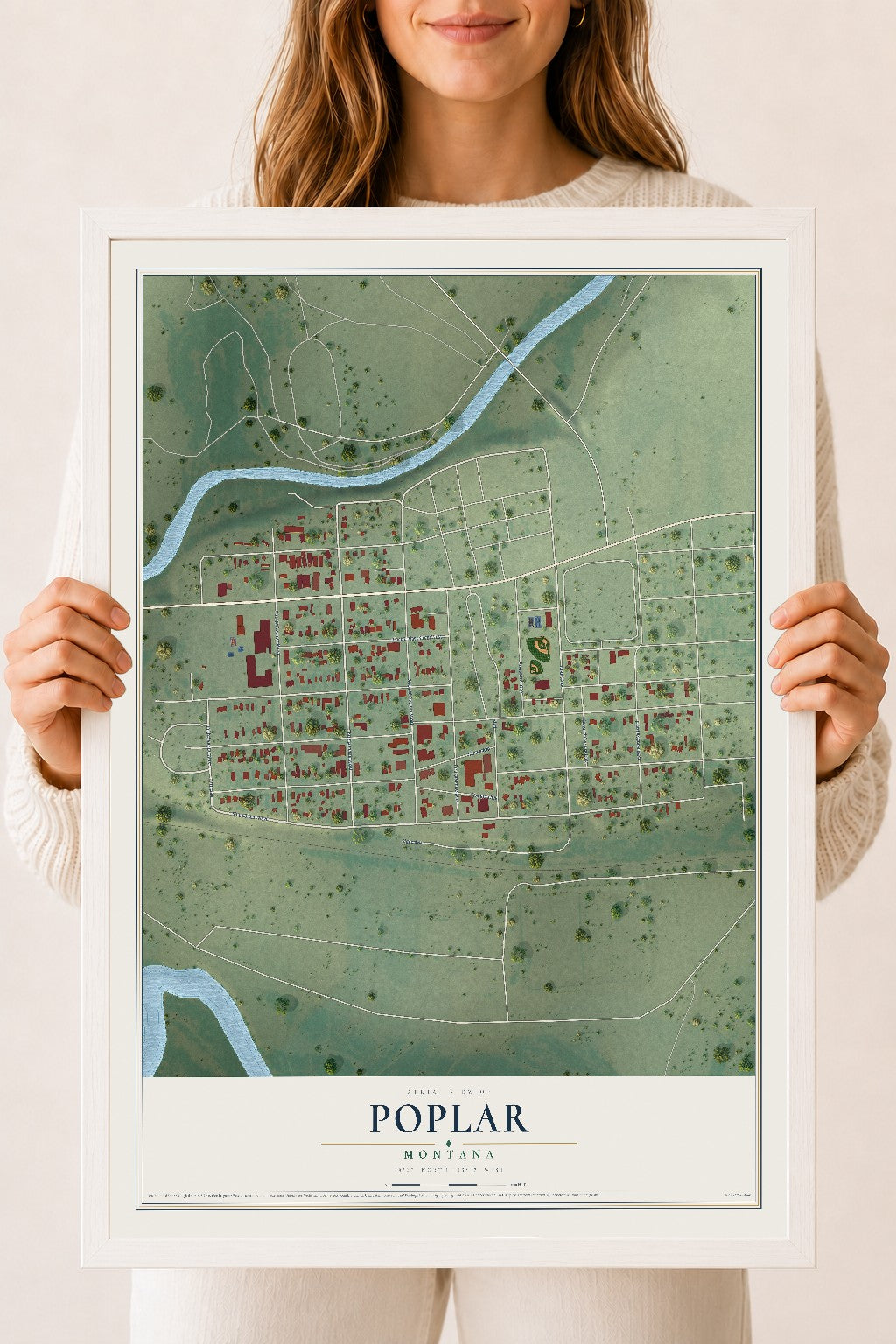 Map of Poplar, Montana, 18 x 24 inch print in a white wood frame
