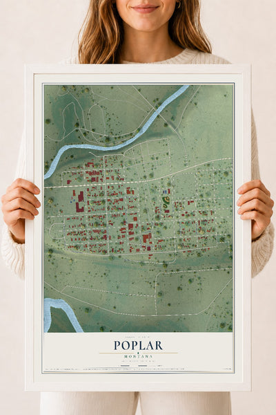 Map of Poplar, Montana, 18 x 24 inch print in a white wood frame