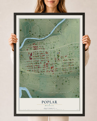 Map of Poplar, Montana, 24 x 36 inch print in a black wood frame