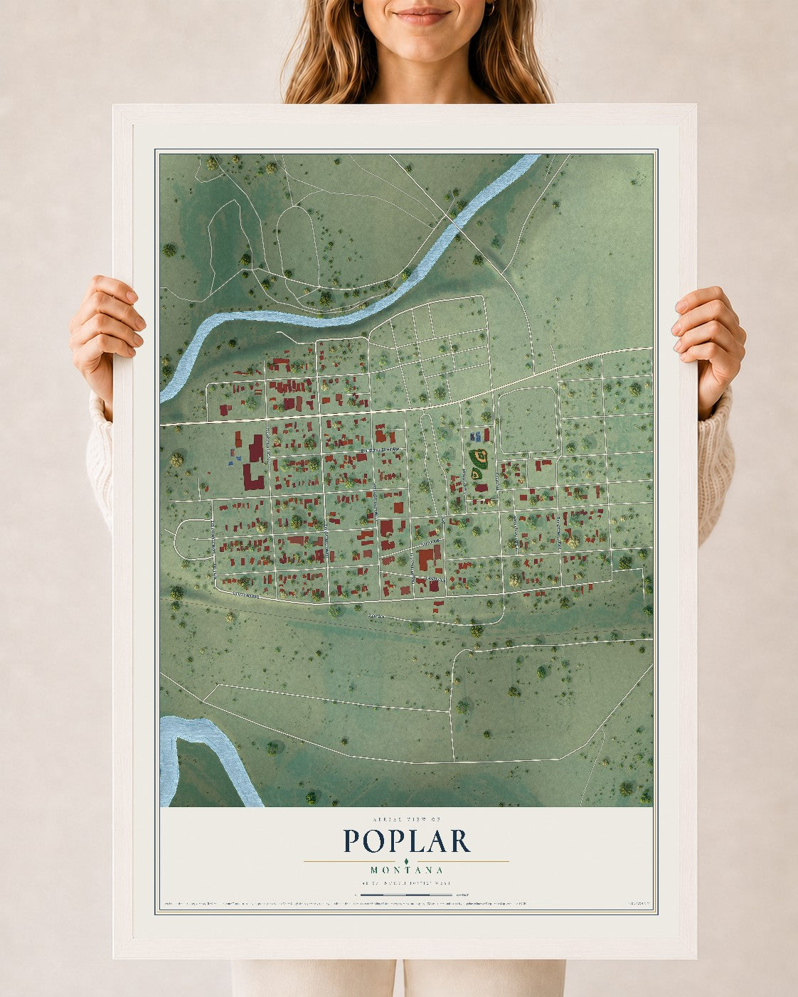 Map of Poplar, Montana, 24 x 36 inch print in a white wood frame