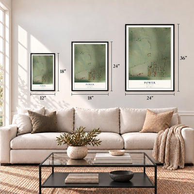 Power, Montana map in 12 x 18, 18 x 24 and 24 x 36 inch sizes above a sofa