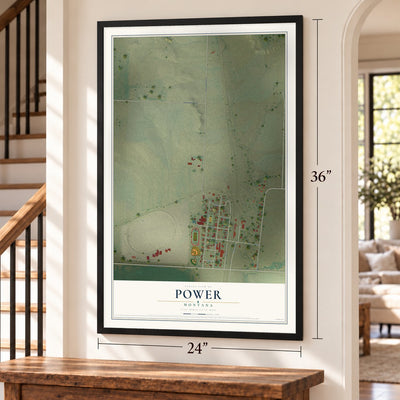Power, Montana map, 24 x 36 inch print in a black frame by a staircase