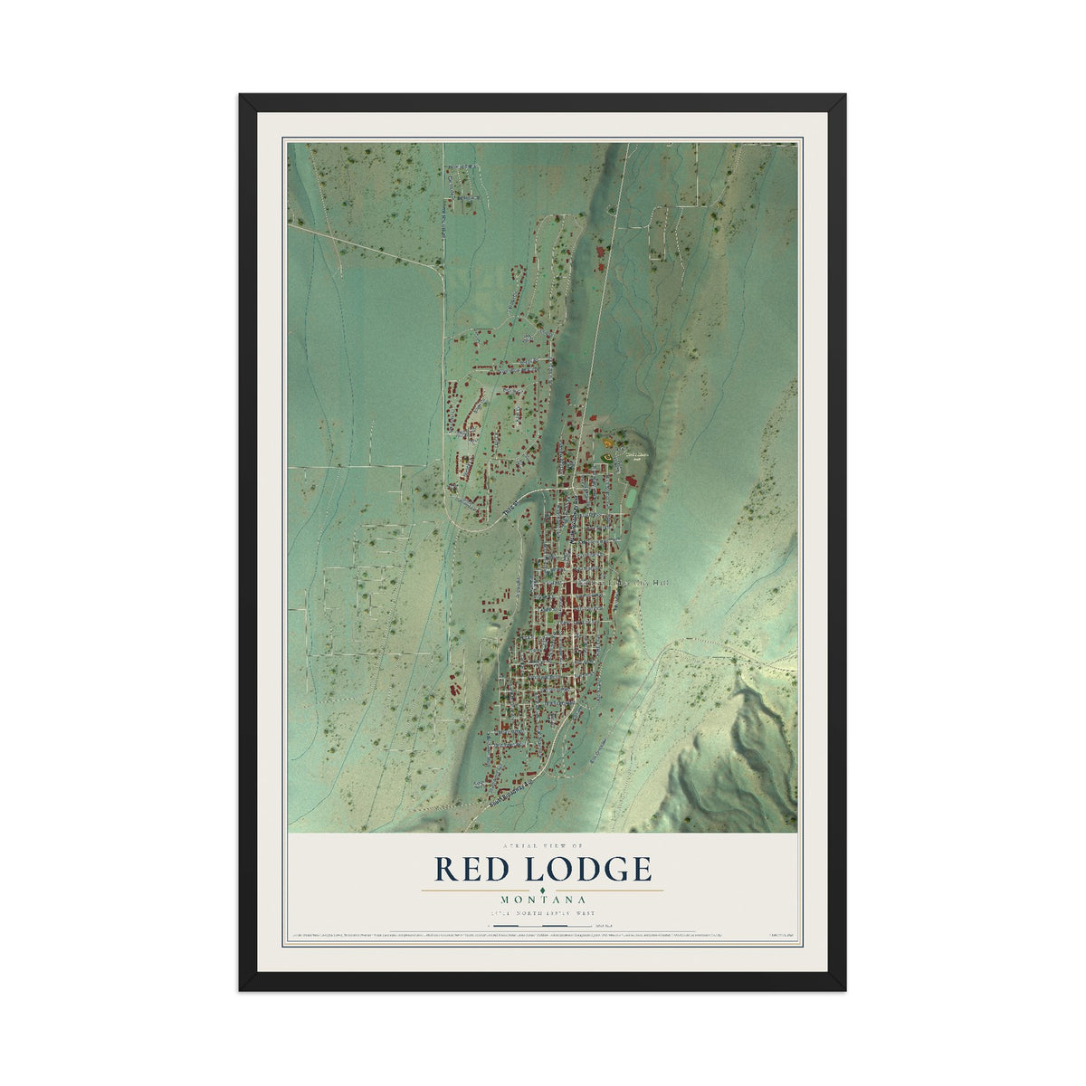 Map of Red Lodge, Montana, 12 x 18 inch print in a black wood frame
