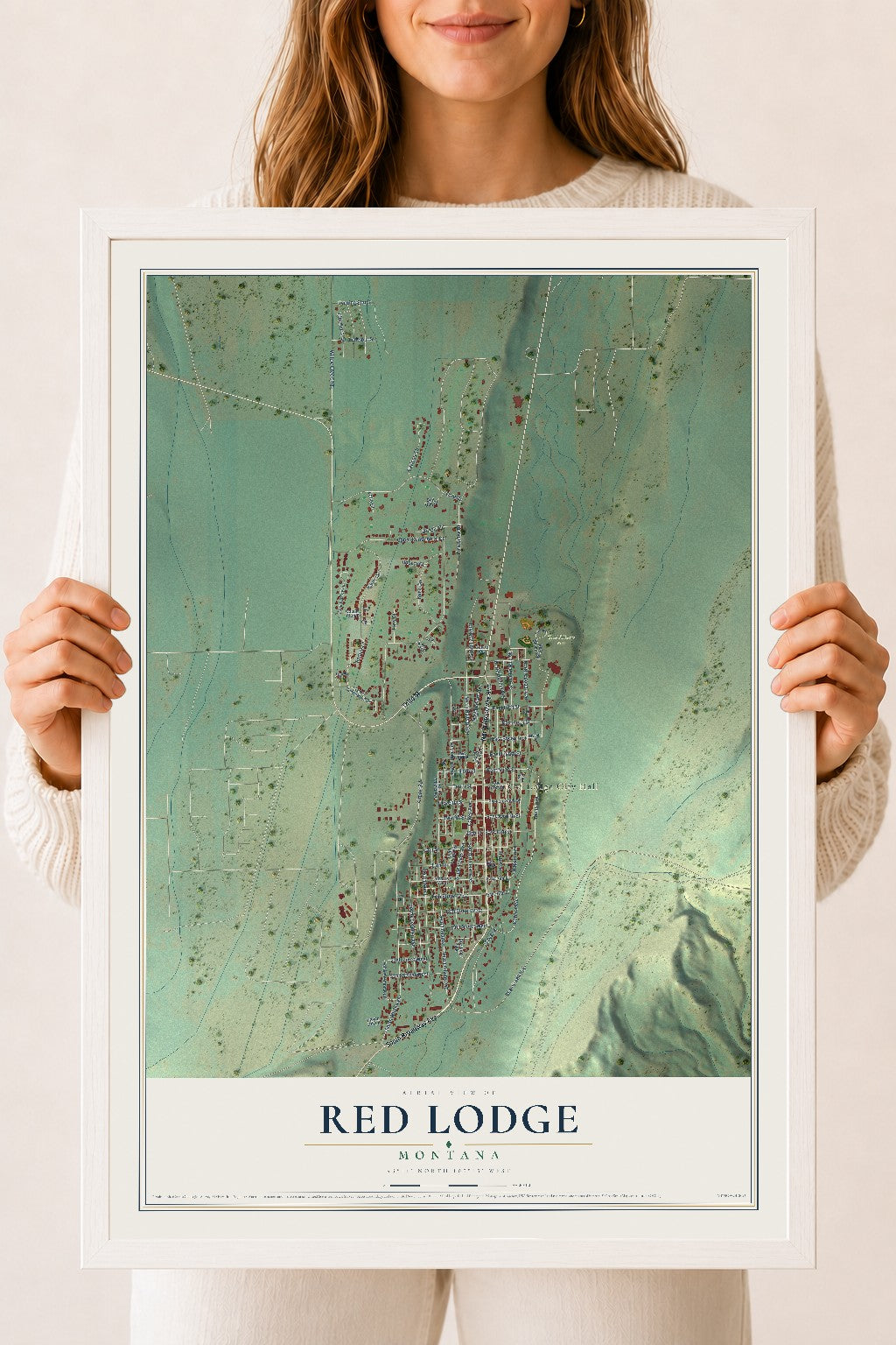 Map of Red Lodge, Montana, 18 x 24 inch print in a white wood frame
