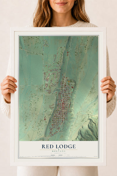 Map of Red Lodge, Montana, 18 x 24 inch print in a white wood frame
