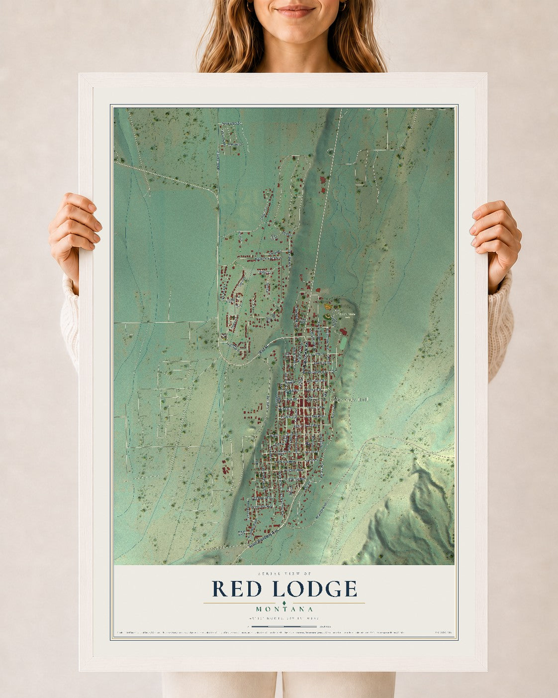 Map of Red Lodge, Montana, 24 x 36 inch print in a white wood frame